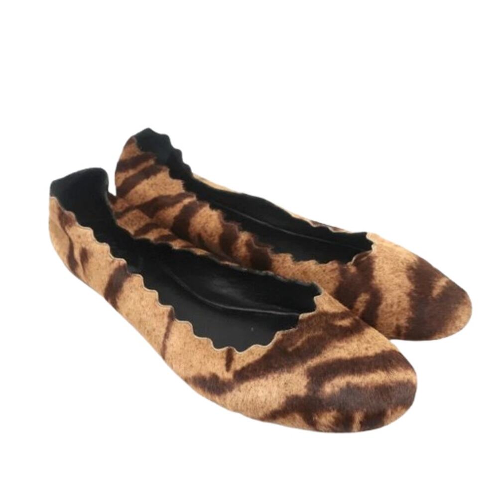 CHLOE LAUREN Women's Scalloped Ballet Flats Size 35 Brown Tiger Print Calf Hair